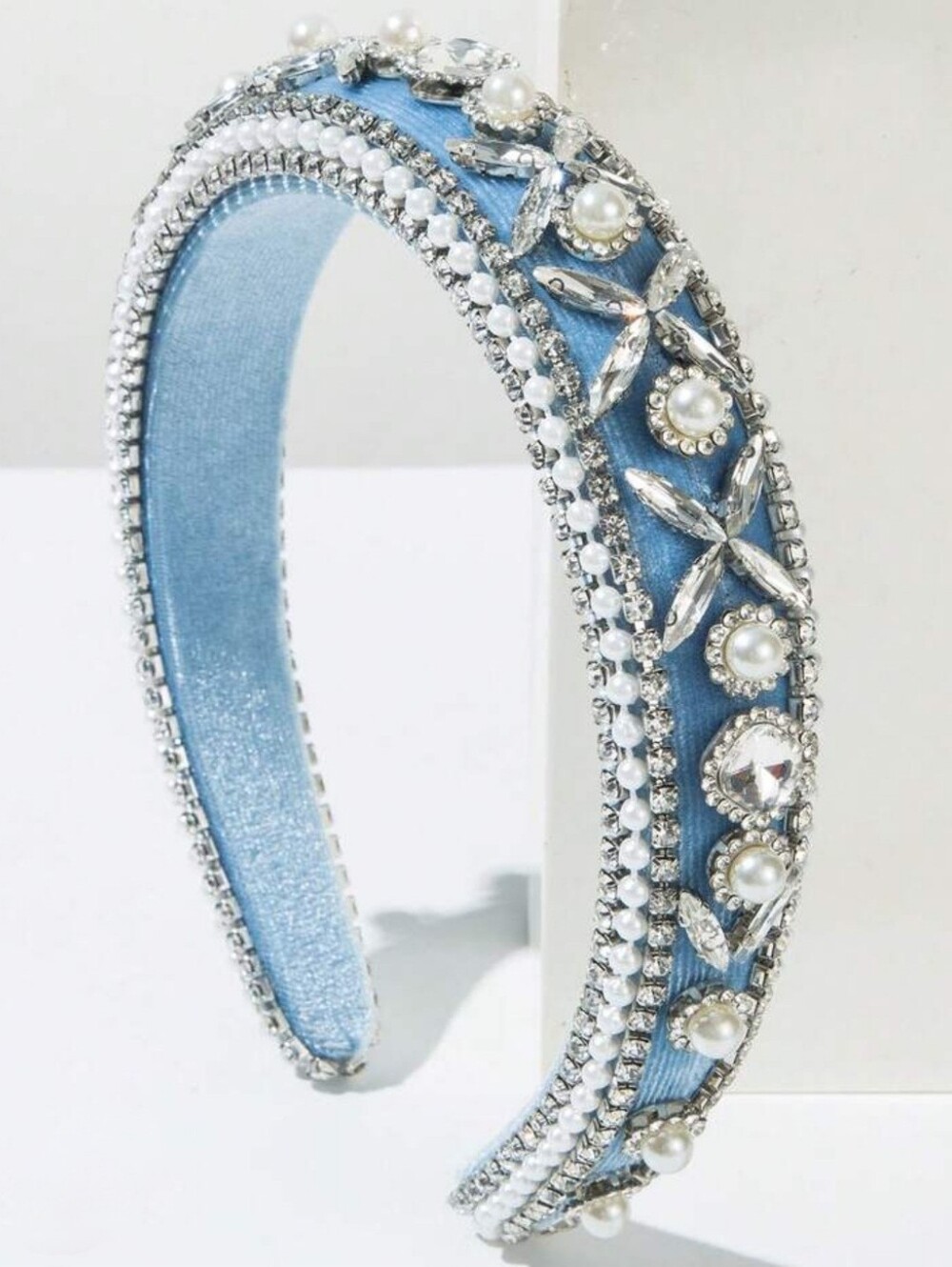 Baroque Regal Embellished Pearl & Crystal Blue Velvet Headband